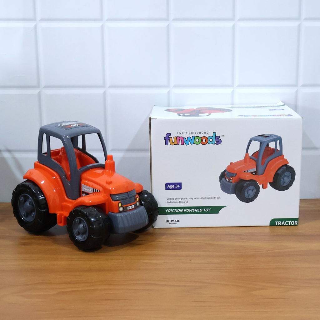 Playtime tractor toy featuring friction-powered movement and bright colors