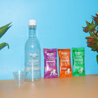 Floor cleaner refill sachets showing measured pouring with reusable bottle