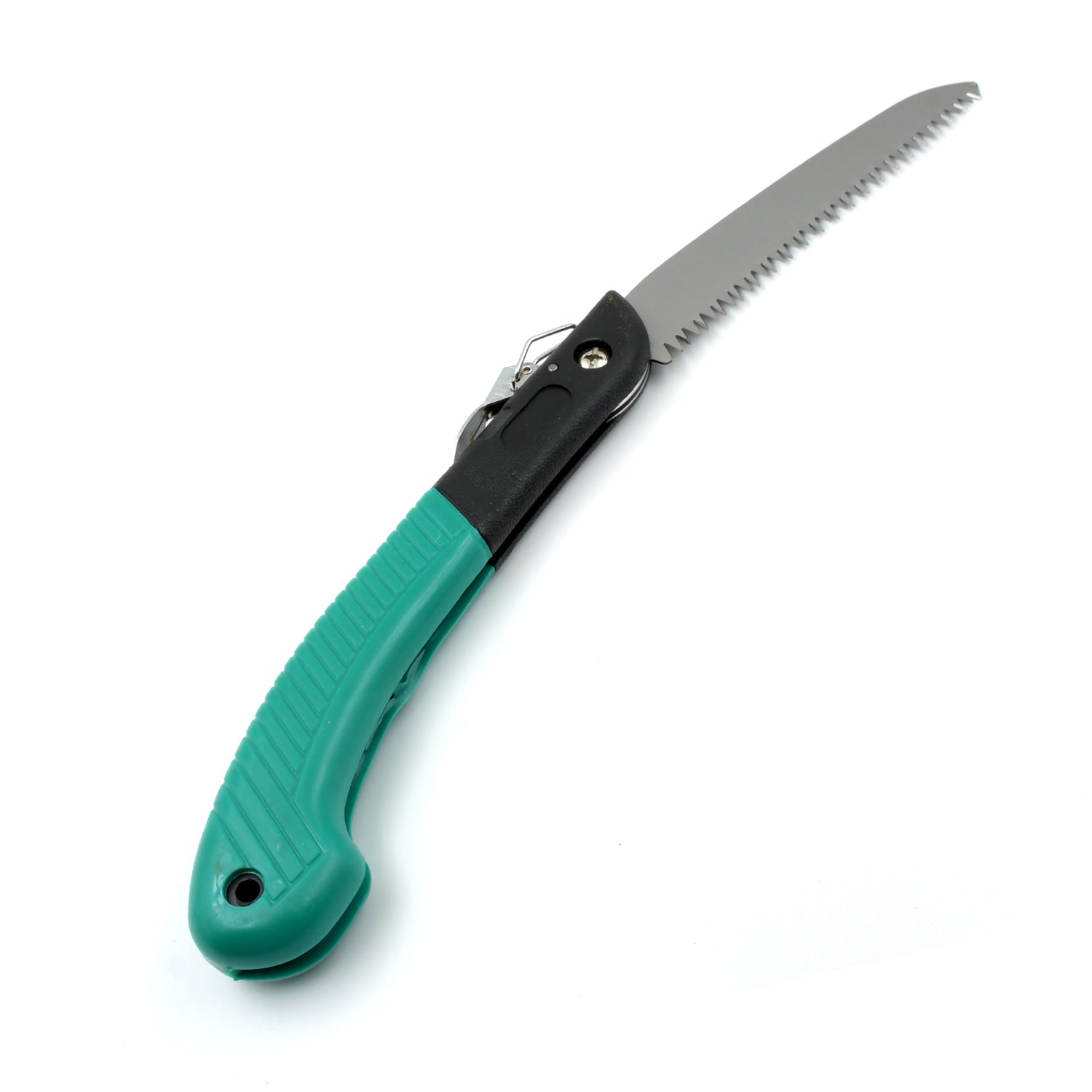 Versatile folding handsaw cutting through a small branch, showcasing its sharp teeth.