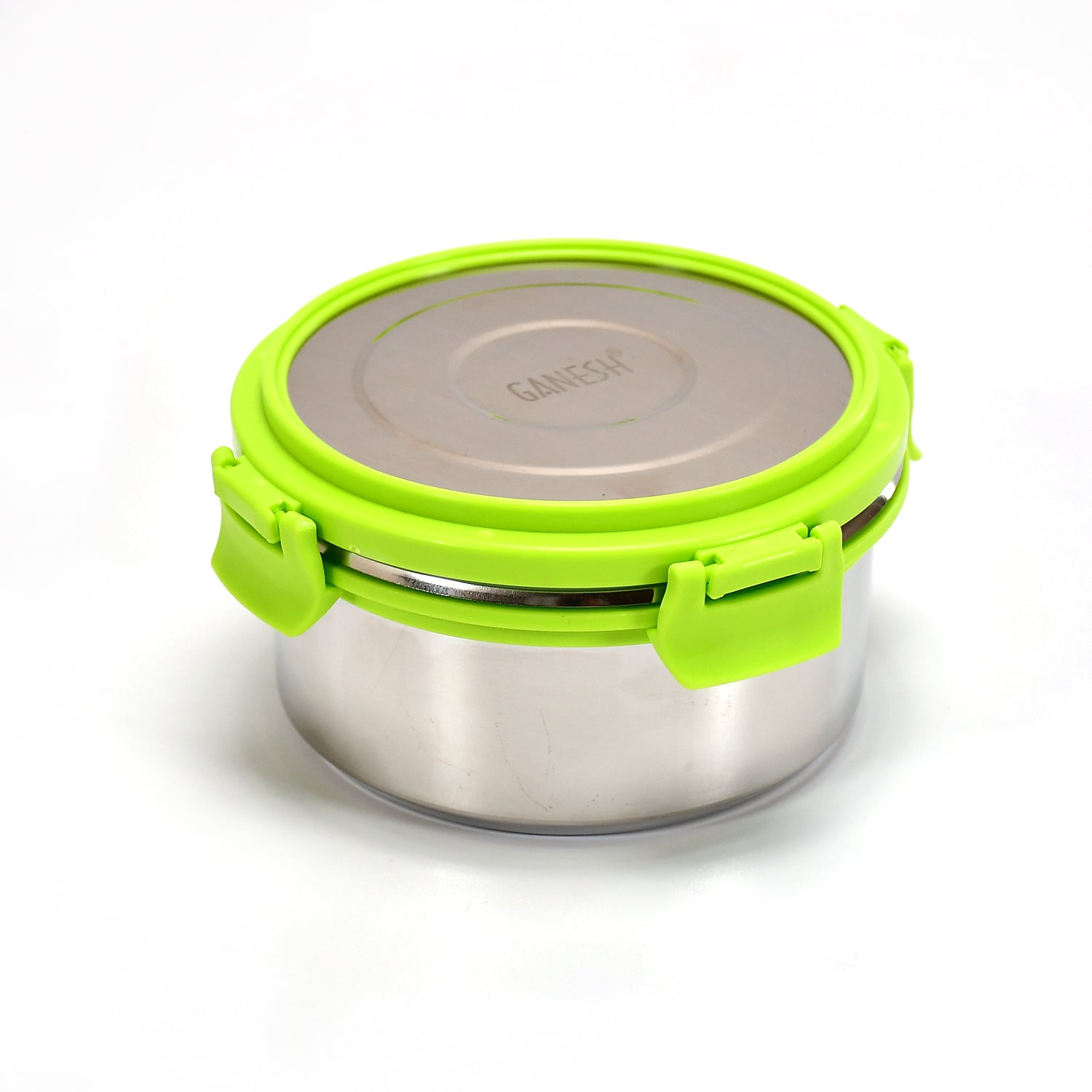 Close-up of the Ganesh stainless steel lunch pack with its robust lid.