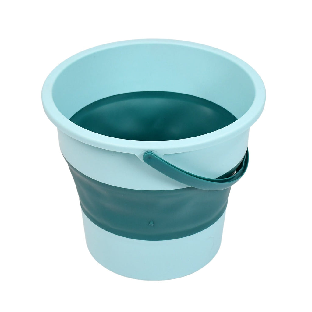 The versatile foldable water bucket hanging, demonstrating its space-saving design.