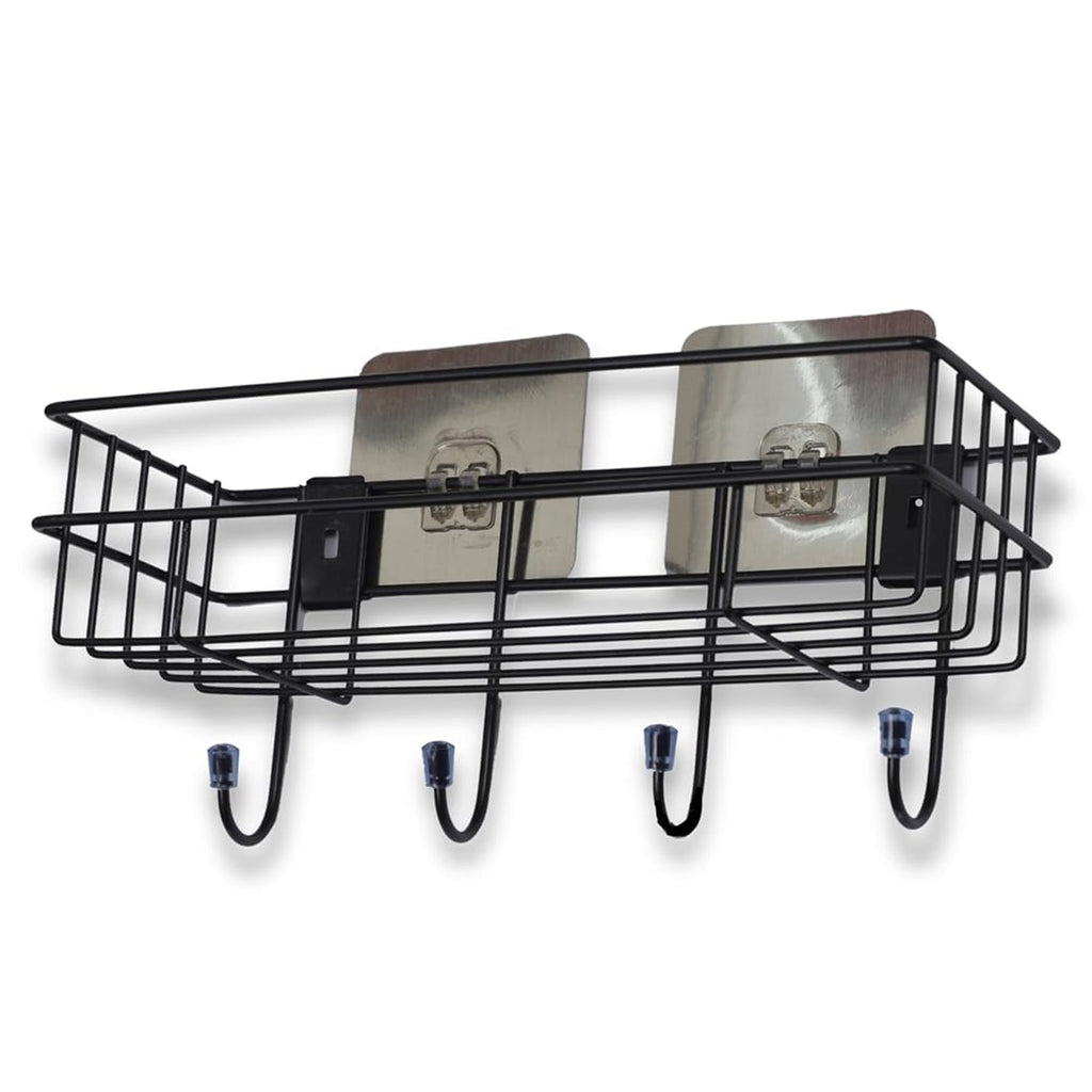 Full view of sturdy iron shower shelf rack with three levels
