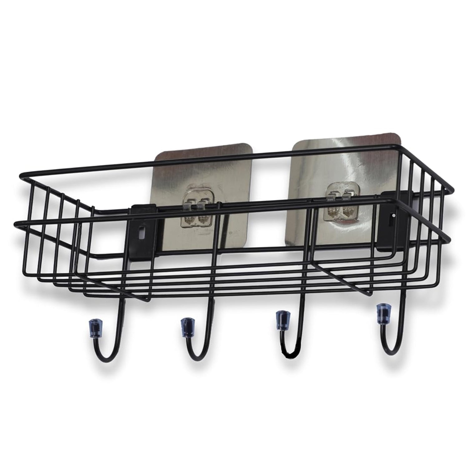 Full view of sturdy iron shower shelf rack with three levels