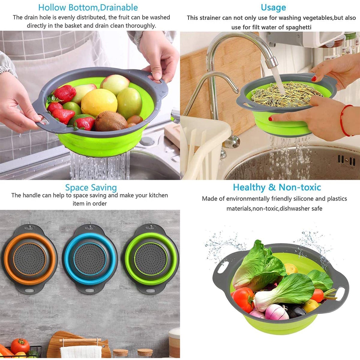 Durable food-grade silicone strainer with ergonomic handles.