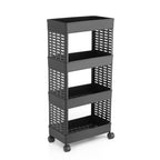 The compact packaging of the easy-to-assemble plastic storage rack, ready for setup.