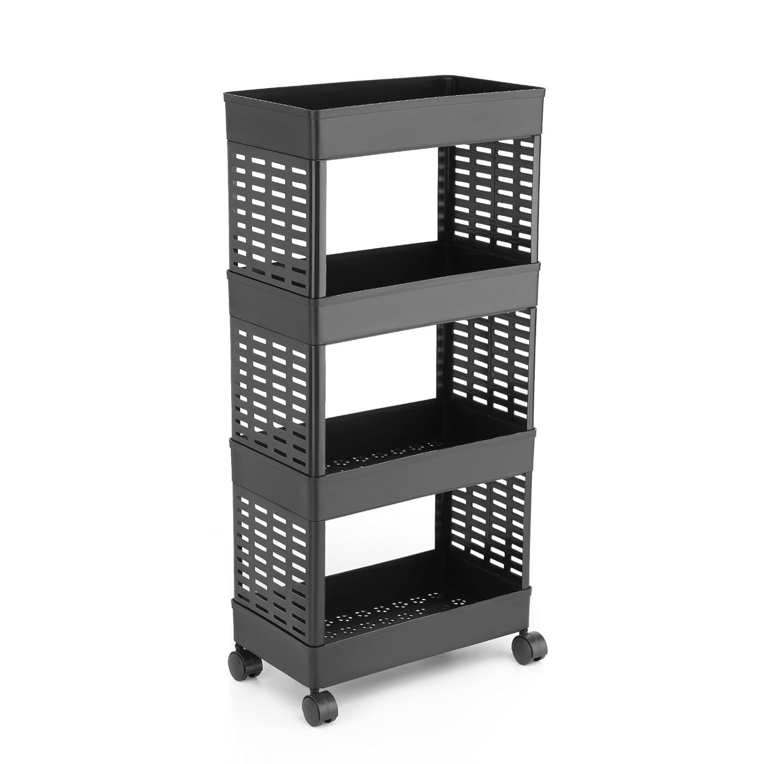 The compact packaging of the easy-to-assemble plastic storage rack, ready for setup.