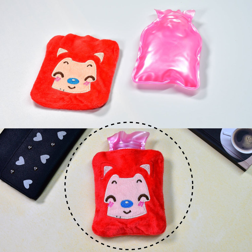 Pink cat mini hot water bag with cover, ideal for pain relief.