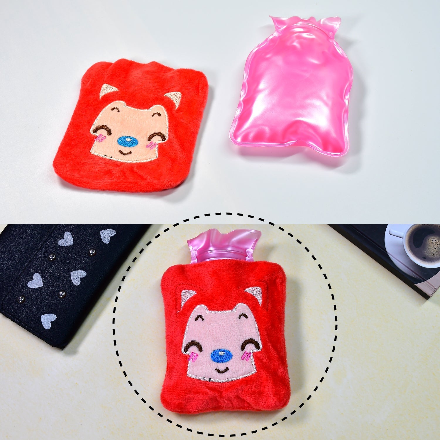 Pink cat mini hot water bag with cover, ideal for pain relief.