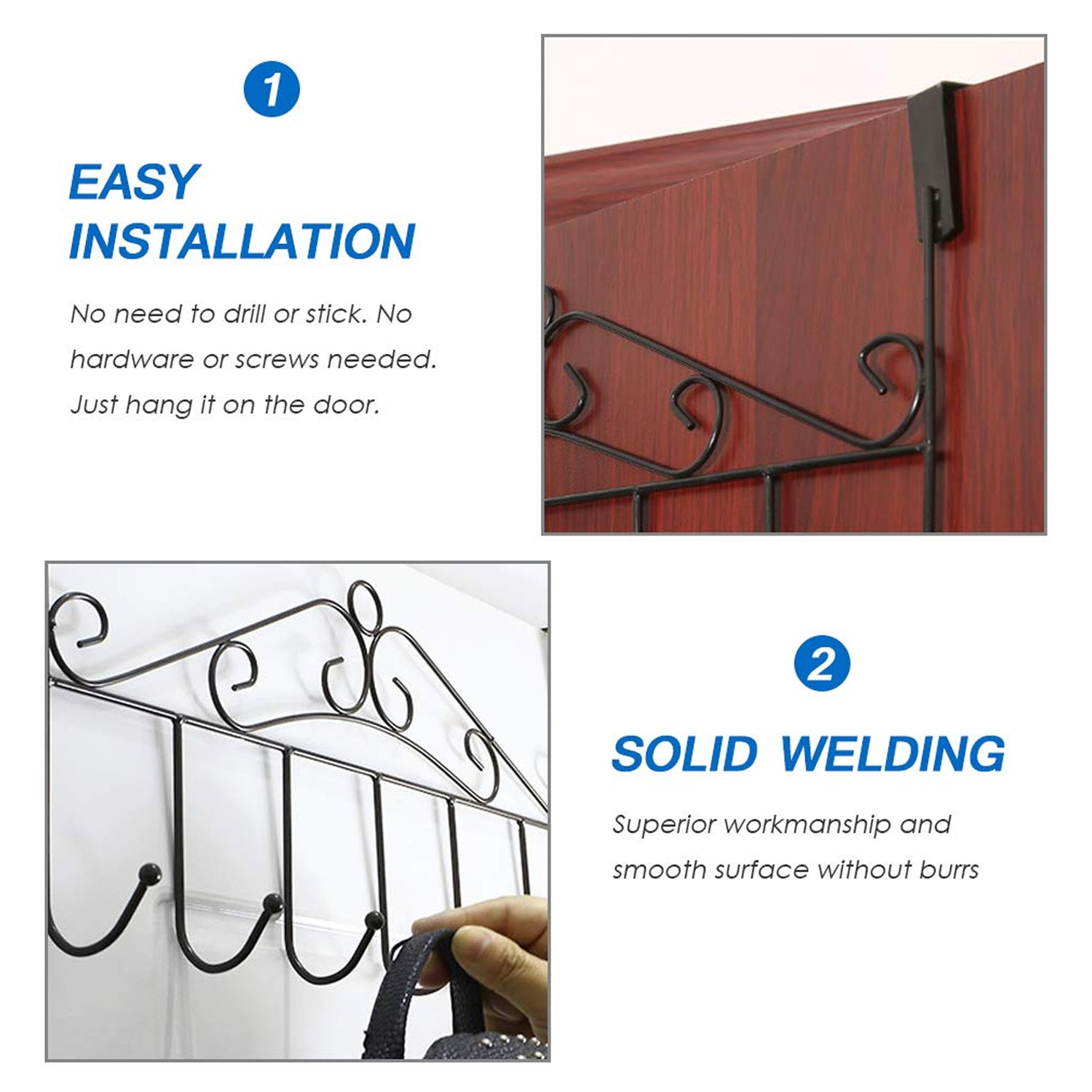 Front view of the multi-purpose hook rack, highlighting its seven functional hooks.