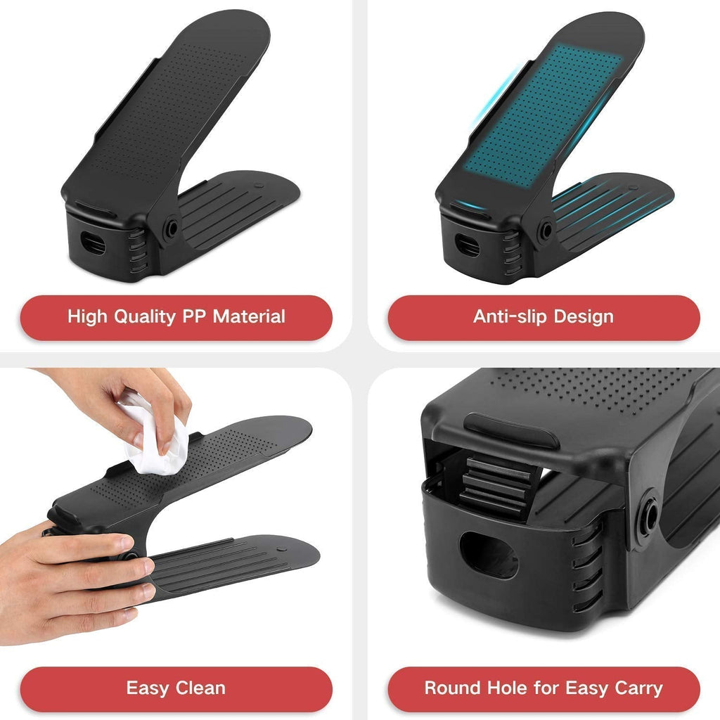 Compact adjustable shoe organizer slots arranged efficiently on a shelf, showcasing tidy storage.