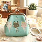 Cartoon cat design compact coin purse with key ring attachment