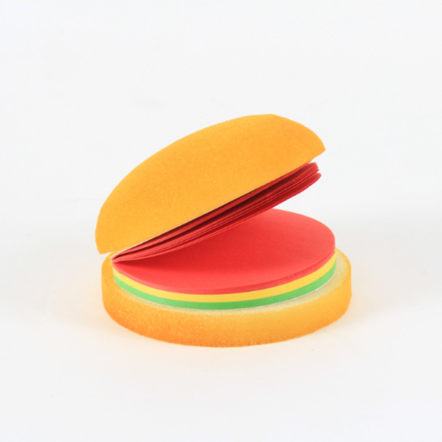 Top-down view of the multicolor burger memo pads, highlighting their compact and appealing form.
