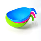 Stacked plastic bowls and drain baskets with handles, a complete food strainer set.