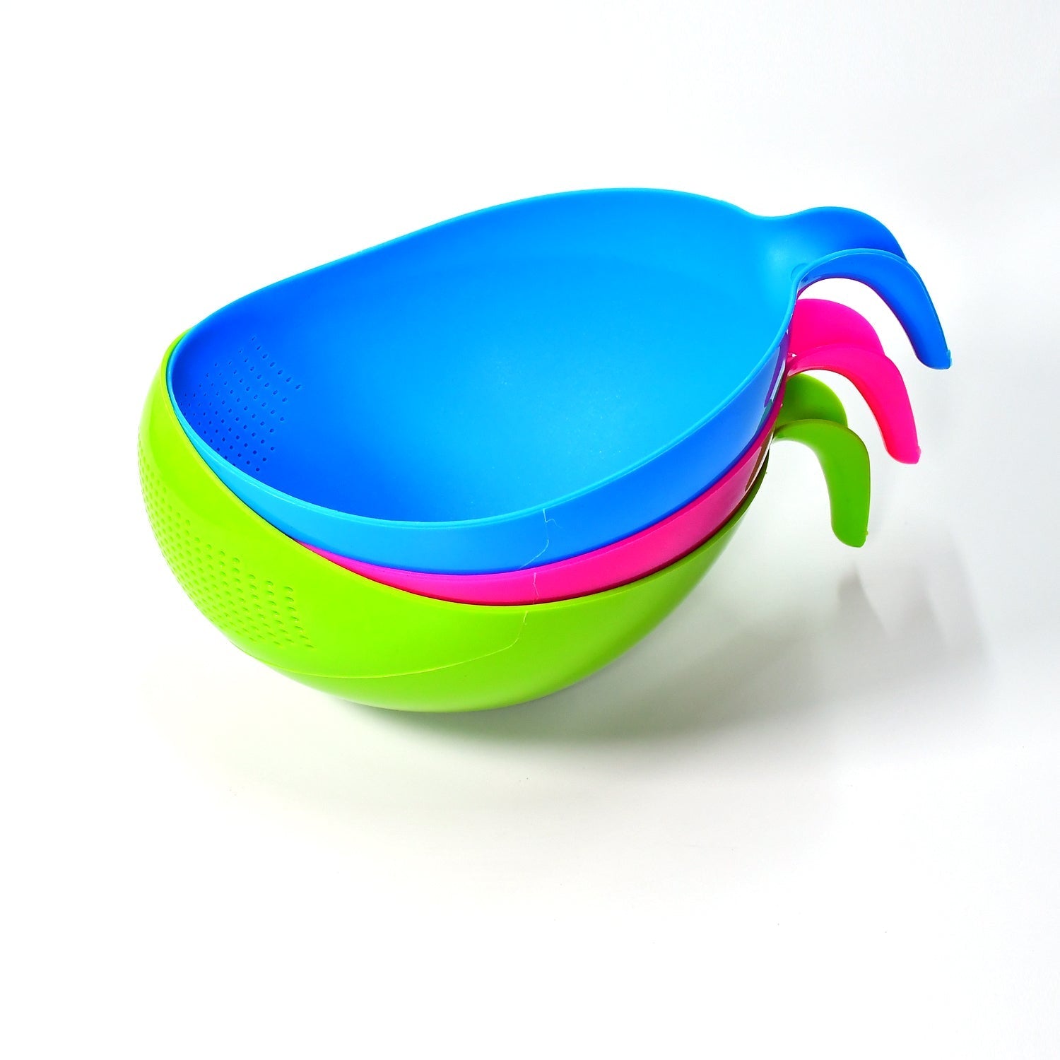Stacked plastic bowls and drain baskets with handles, a complete food strainer set.