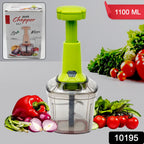 Close-up of the manual vegetable chopper's ergonomic handle and sharp stainless steel blades.