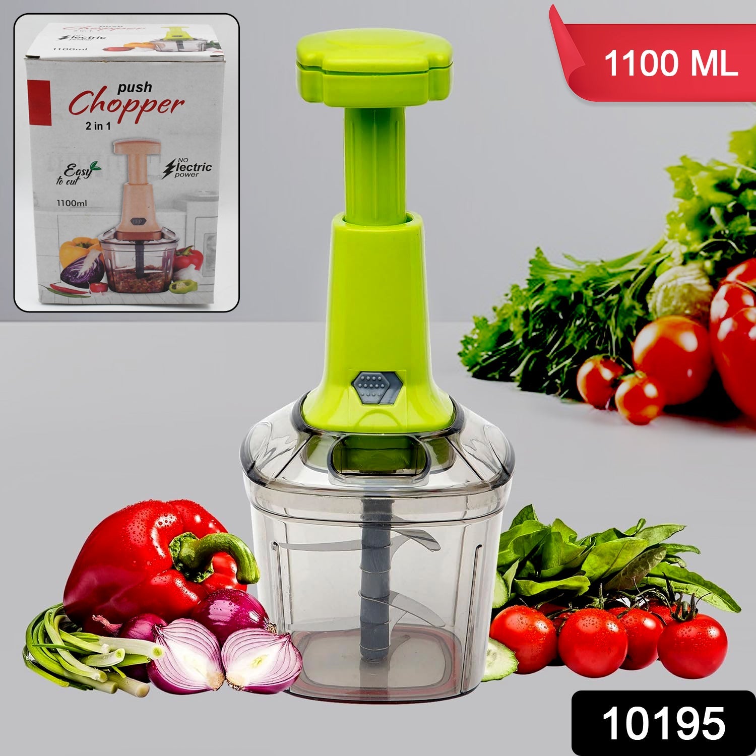 Close-up of the manual vegetable chopper's ergonomic handle and sharp stainless steel blades.