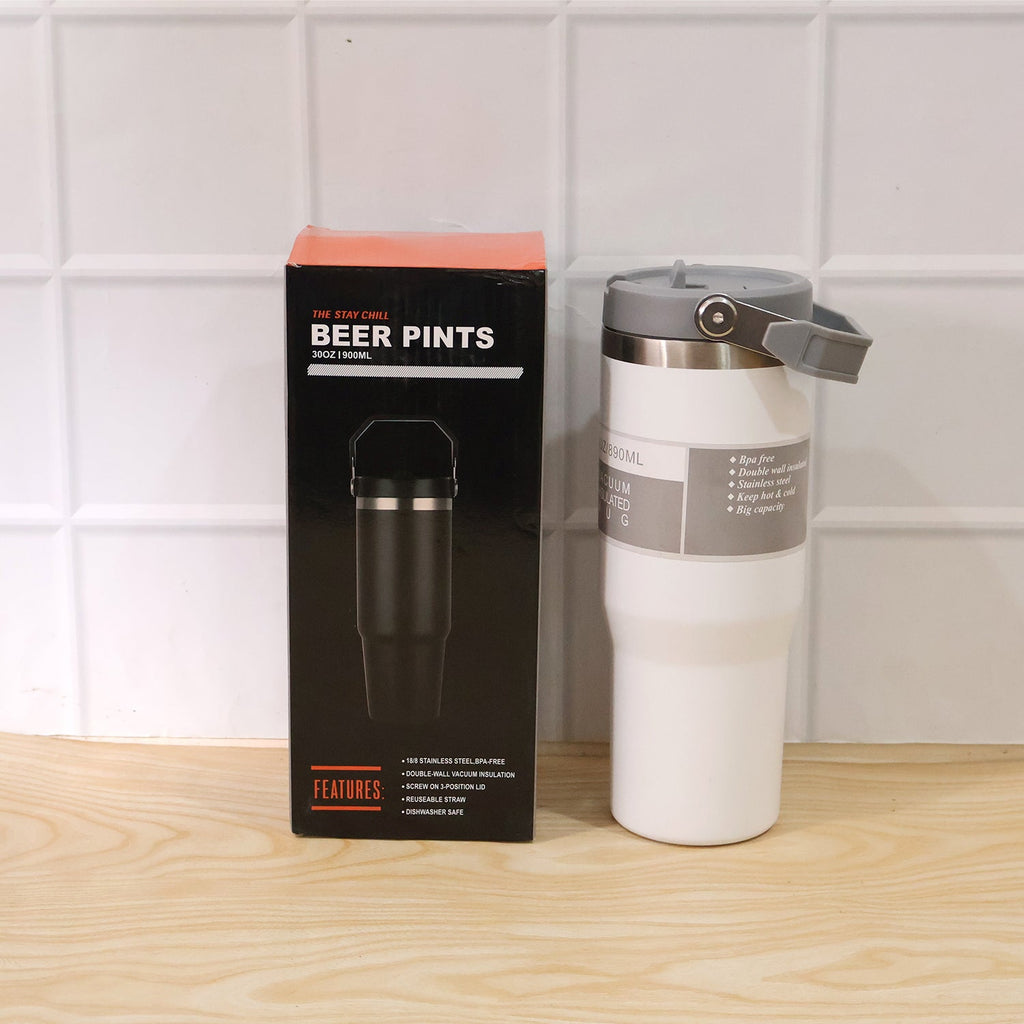 Reusable stainless steel coffee tumbler with straw