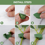 Several green plant climbing wall clips arranged neatly on a wall.