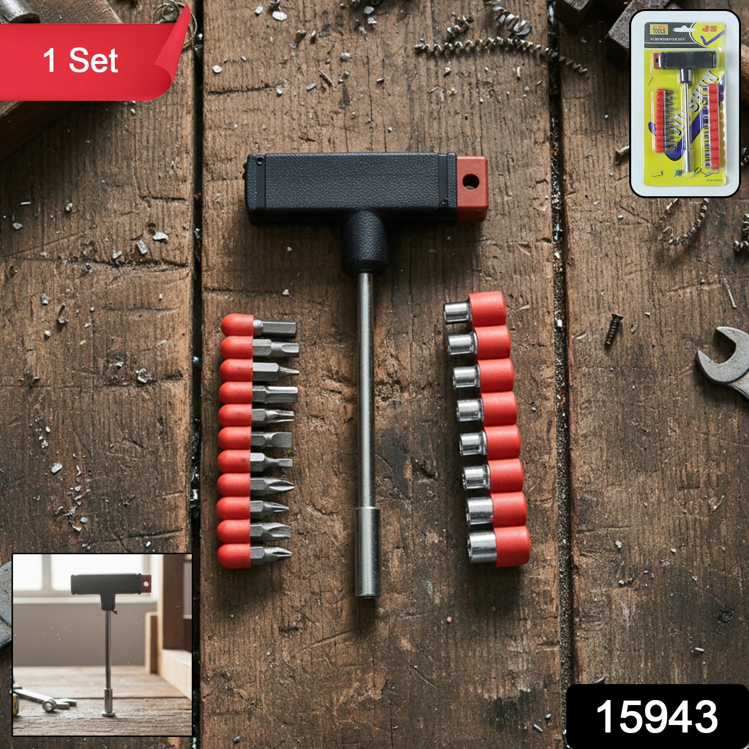 The T Handle Screwdriver Set with 20 interchangeable heads in its packaging.