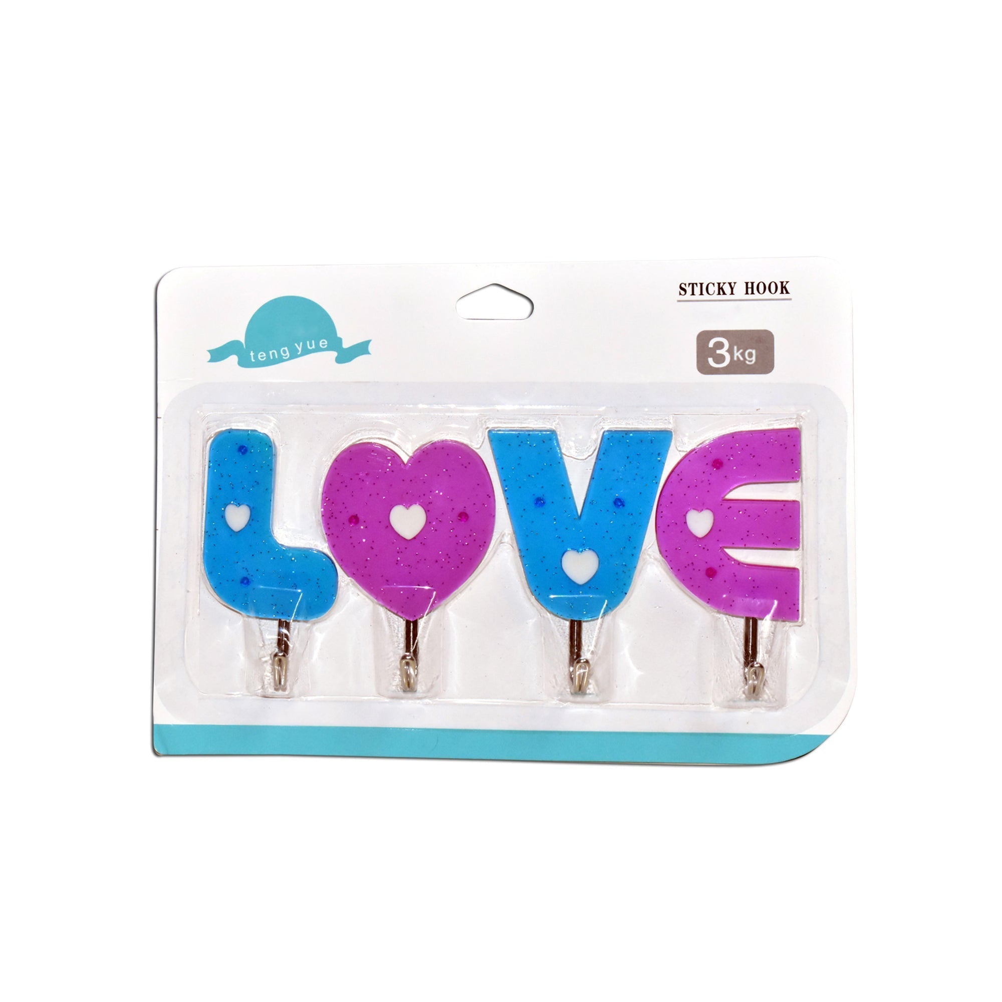 Multiple love shape self adhesive hooks organized on a kitchen wall.