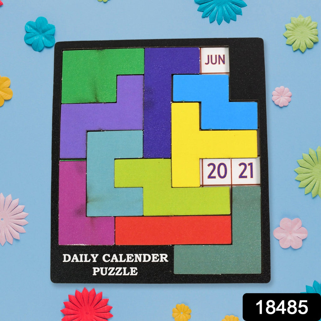 Hand placing a wooden piece onto the Daily Calendar Puzzle board, showing individual components.