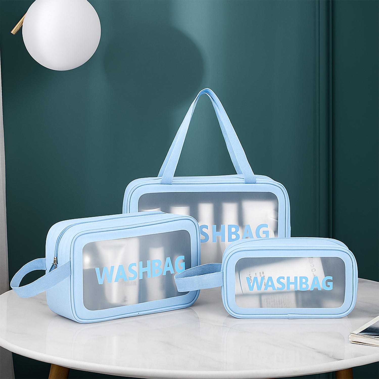 Open travel toiletry bags showing organized personal care items inside