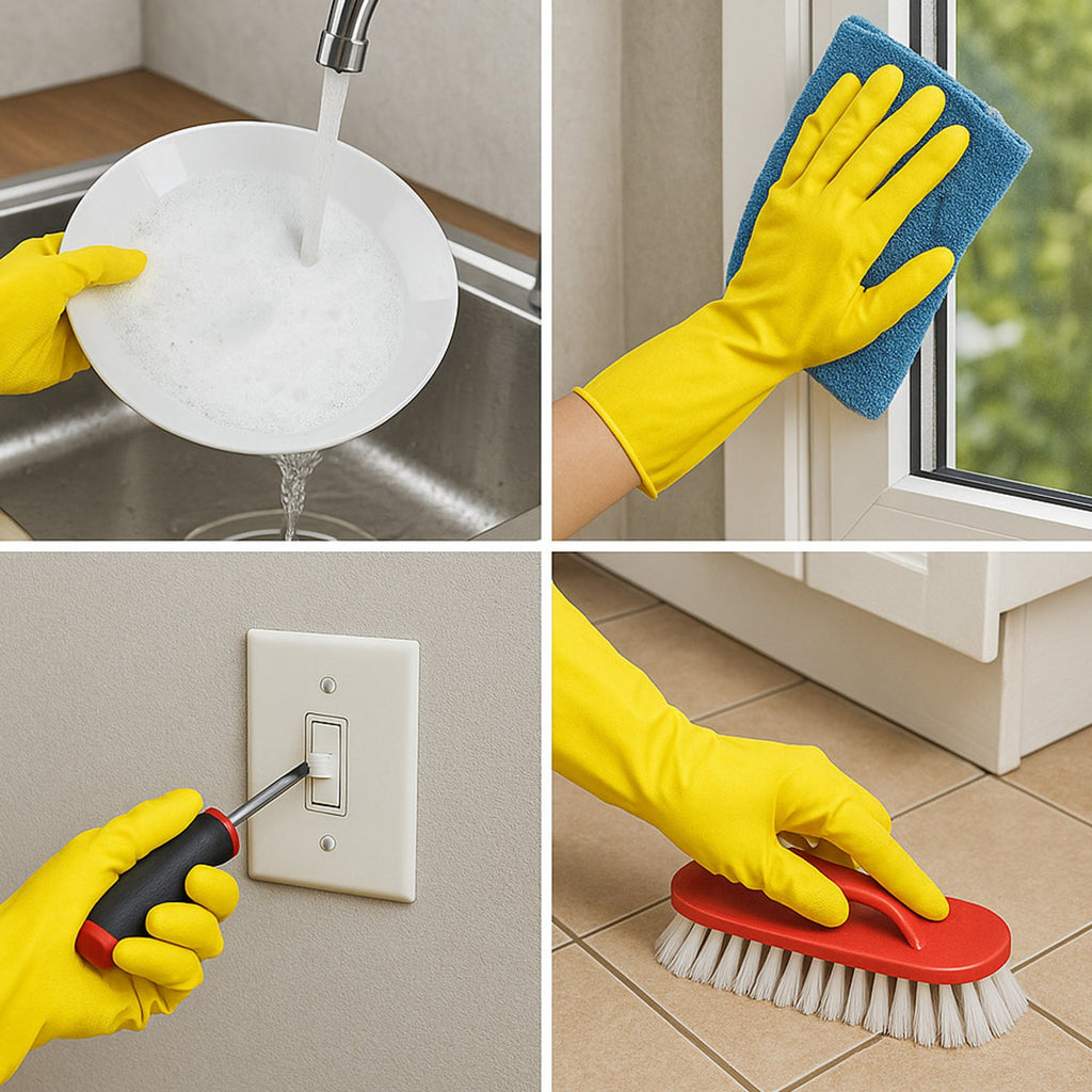 Person wearing yellow rubber gloves while cleaning a kitchen sink.