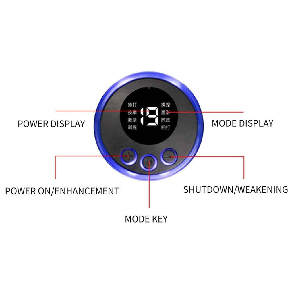Infographic highlighting the 8 modes and 19 intensity levels of the massager.