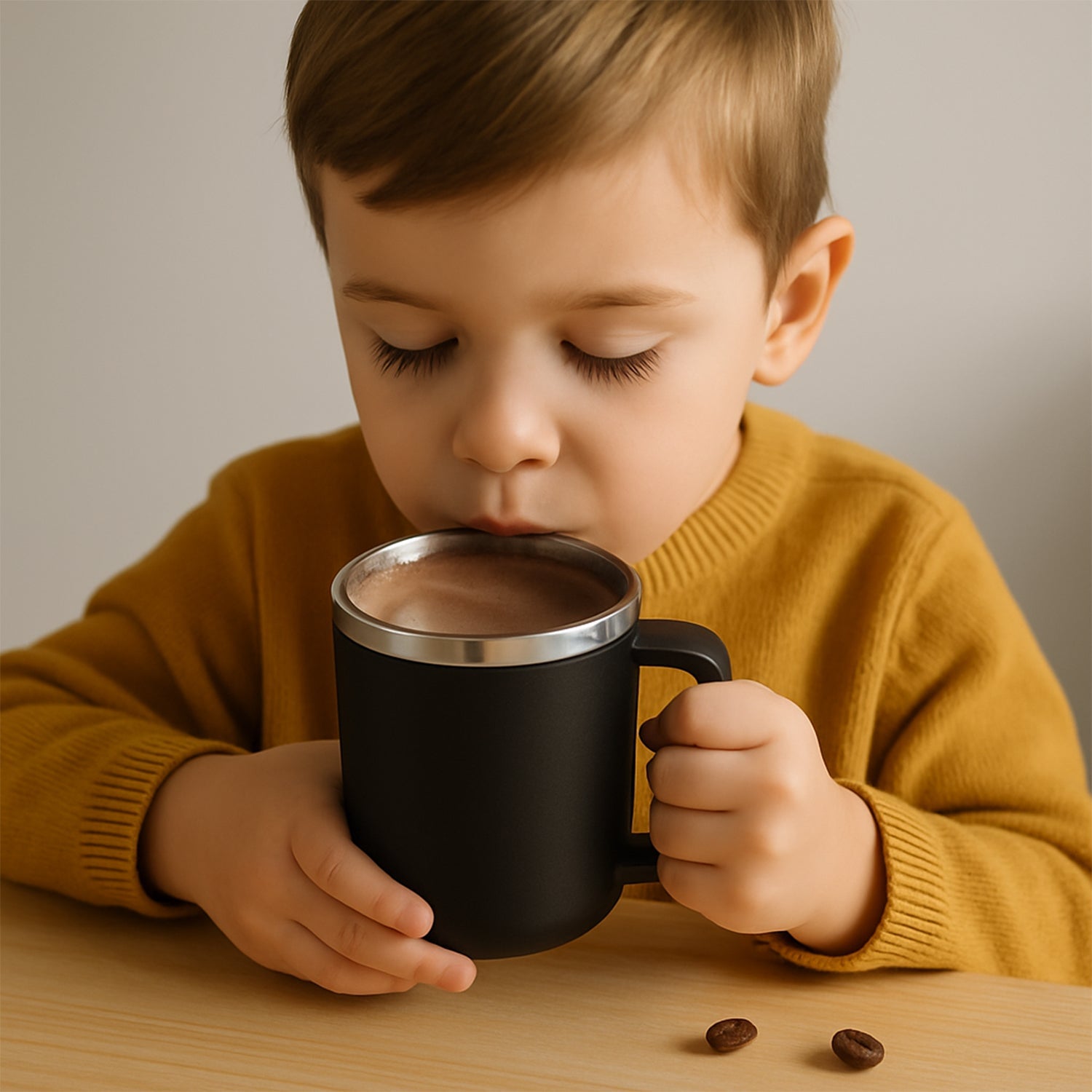 Black insulated coffee mug displayed alongside a cup of coffee, ready for use.