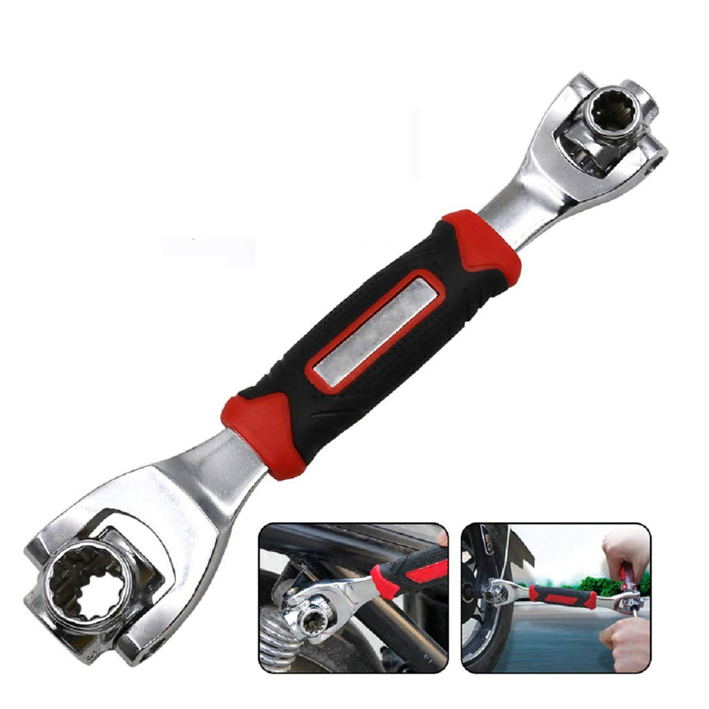 Close-up of the versatile 48-in-1 universal socket wrench addressing various bolt types.