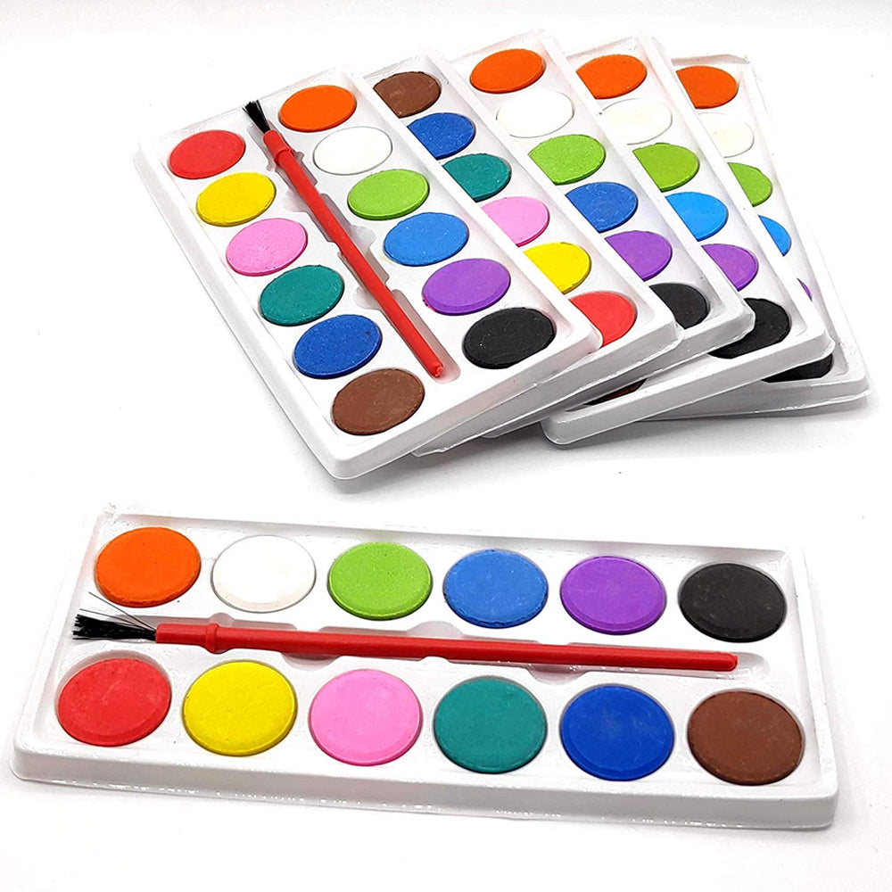 Side view of a non-toxic 12-color watercolor set with its accompanying paint brush.