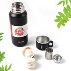 Portable reusable insulated water bottle featuring an ergonomic handle for travel.