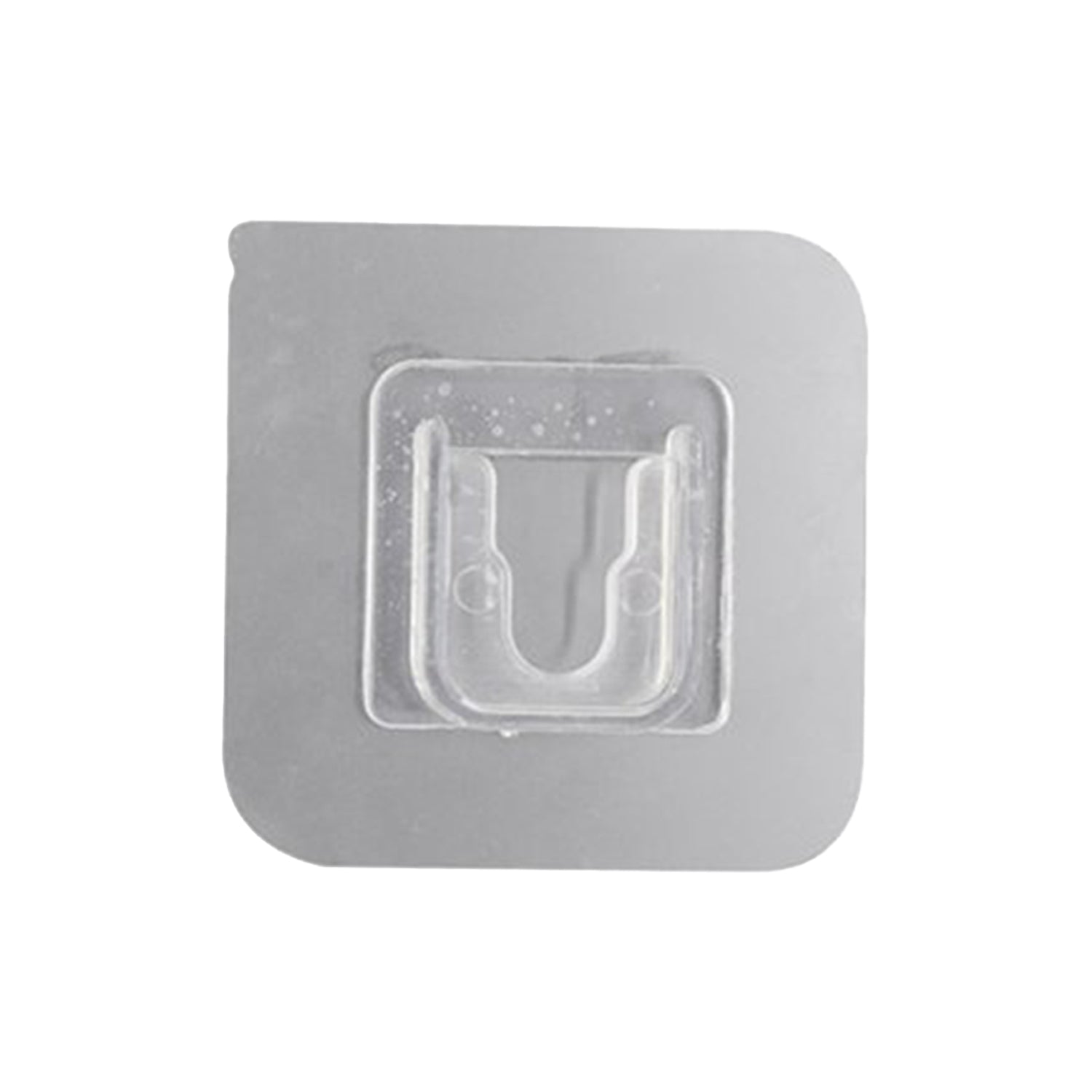 Transparent self-adhesive wall hook ready for easy peel-and-stick application.