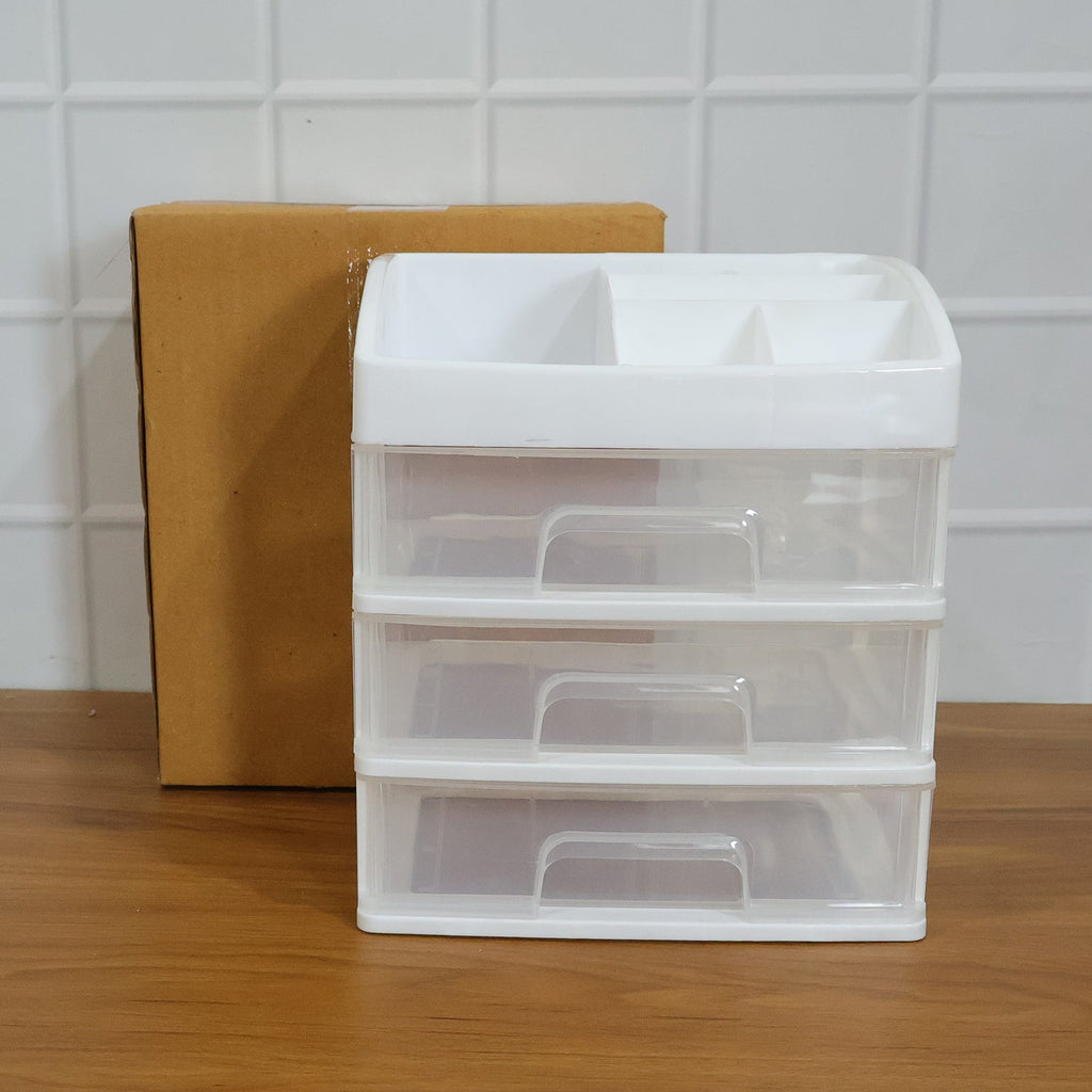 Close-up of sliding drawers in multipurpose desk organizer