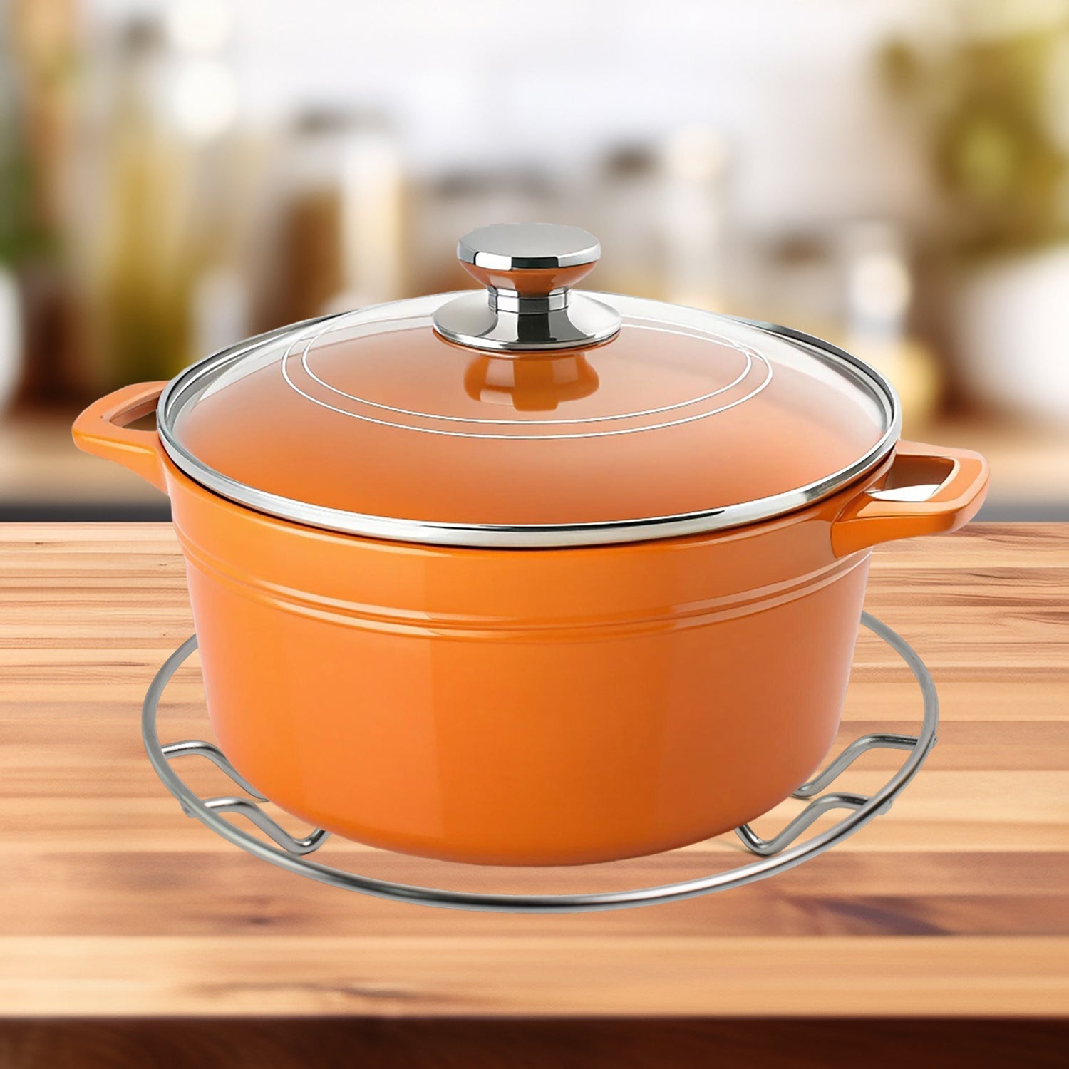 Stainless steel wire trivet stable on a kitchen countertop beneath hot cookware