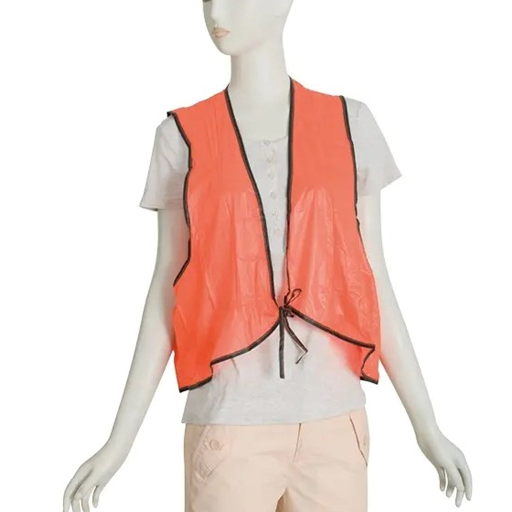 Close-up view of the tie closure on a fluorescent yellow PVC safety vest, highlighting its adjustable design.