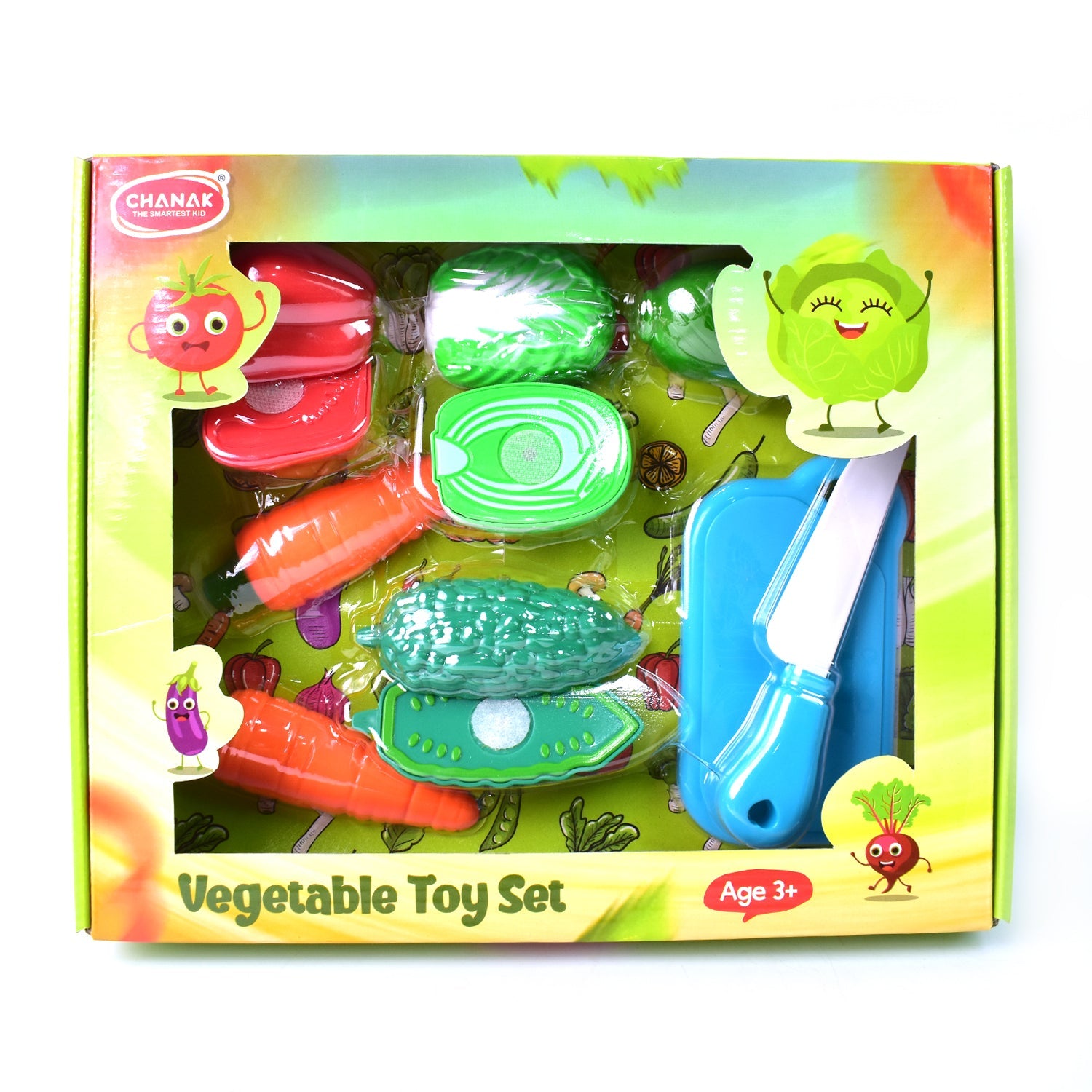 A toy kitchen play set featuring sliced fruits, vegetables, knife, and cutting board.