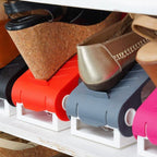 Diagram illustrating how the adjustable shoe organizer doubles storage capacity in any cabinet.