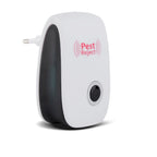 Compact ultrasonic pest repeller showing its effective coverage area illustration.
