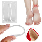 Close-up of a foot in a black heel, demonstrating a fabric heel protector applied for comfort.