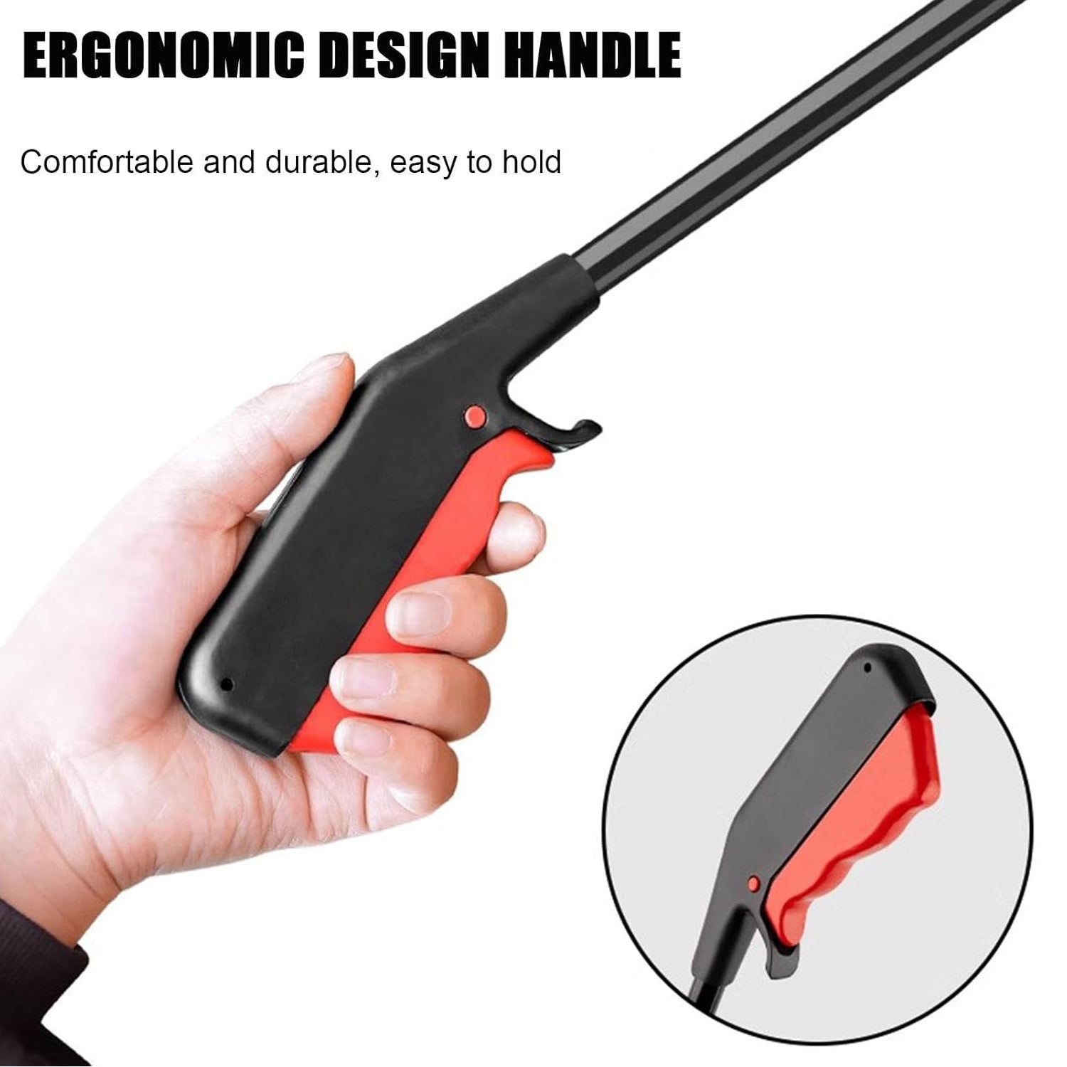 A senior demonstrating the comfortable use of the grabber tool for reaching.