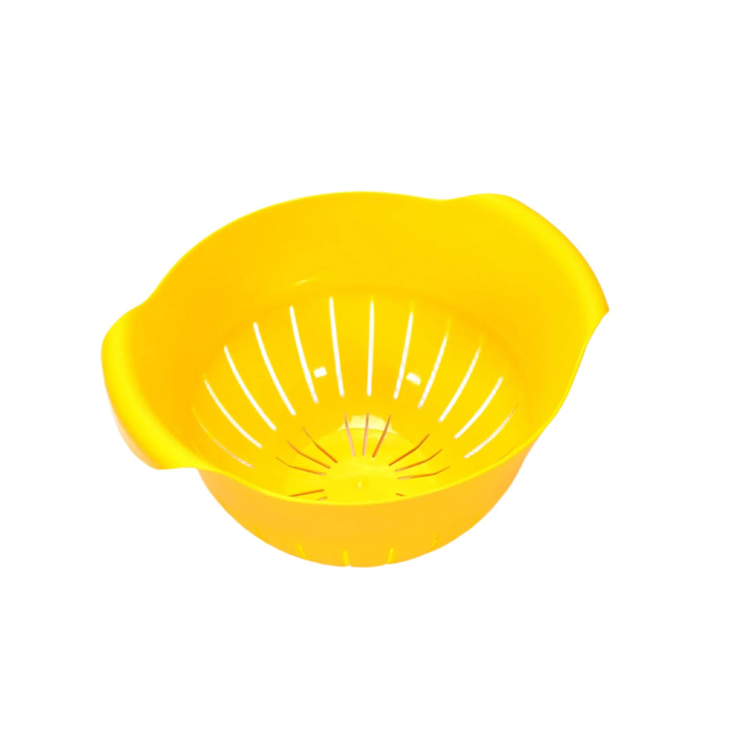 Side view of the blue rice washing bowl, highlighting its sturdy BPA-free plastic construction.