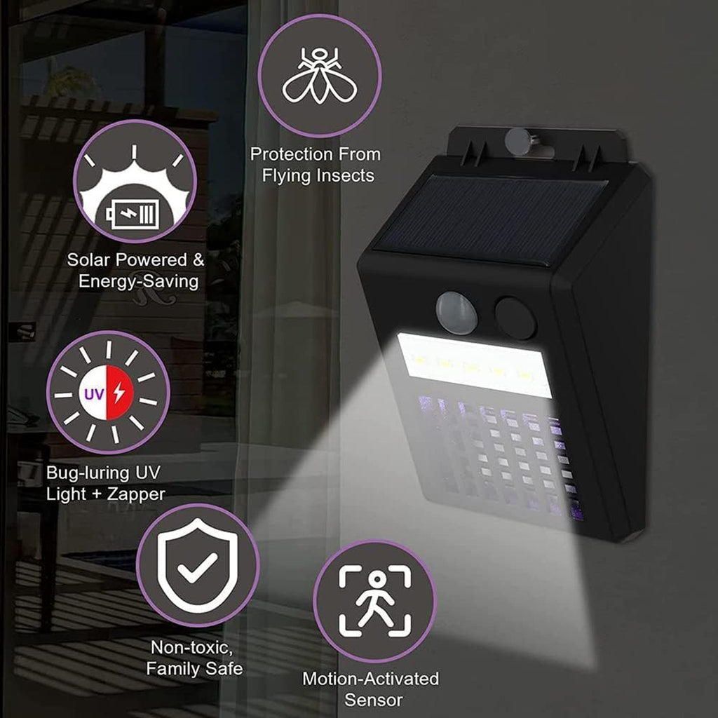 Sun-powered mosquito zapper and outdoor light mounted near a doorway.