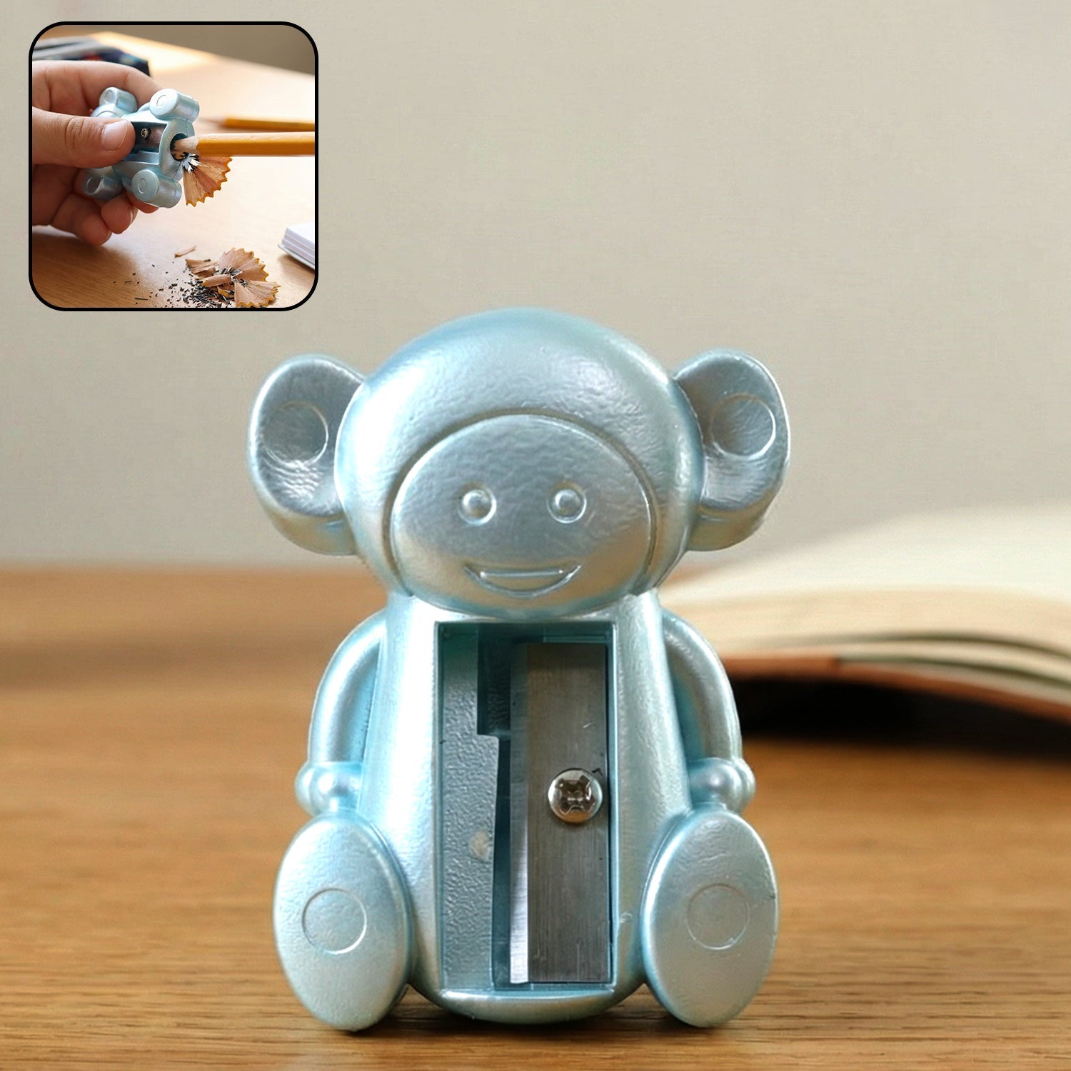 Side angle of fun, decorative manual pencil sharpener