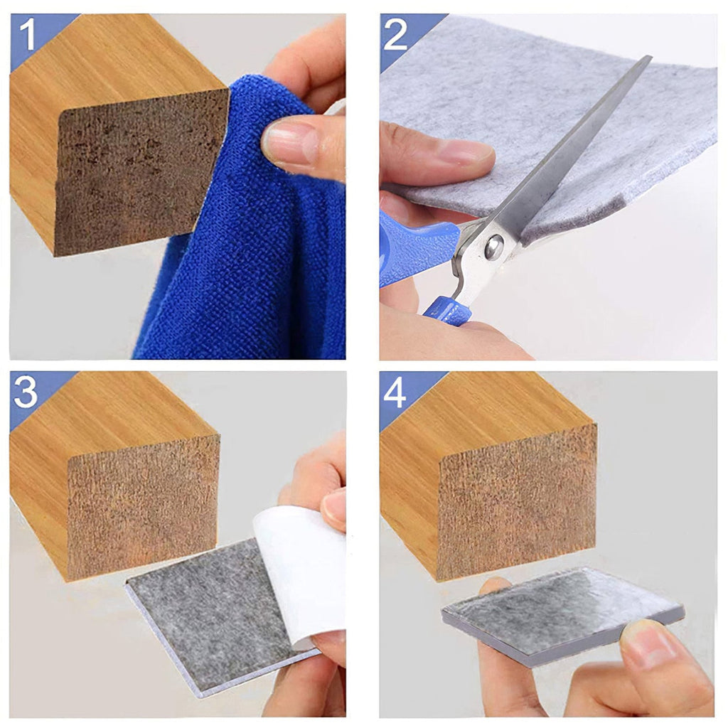Safelix square furniture pads, showcasing their easy peel-and-stick application for floor protection.