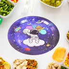 Brightly colored disposable paper plates with 'Festive Fun' motifs for parties.