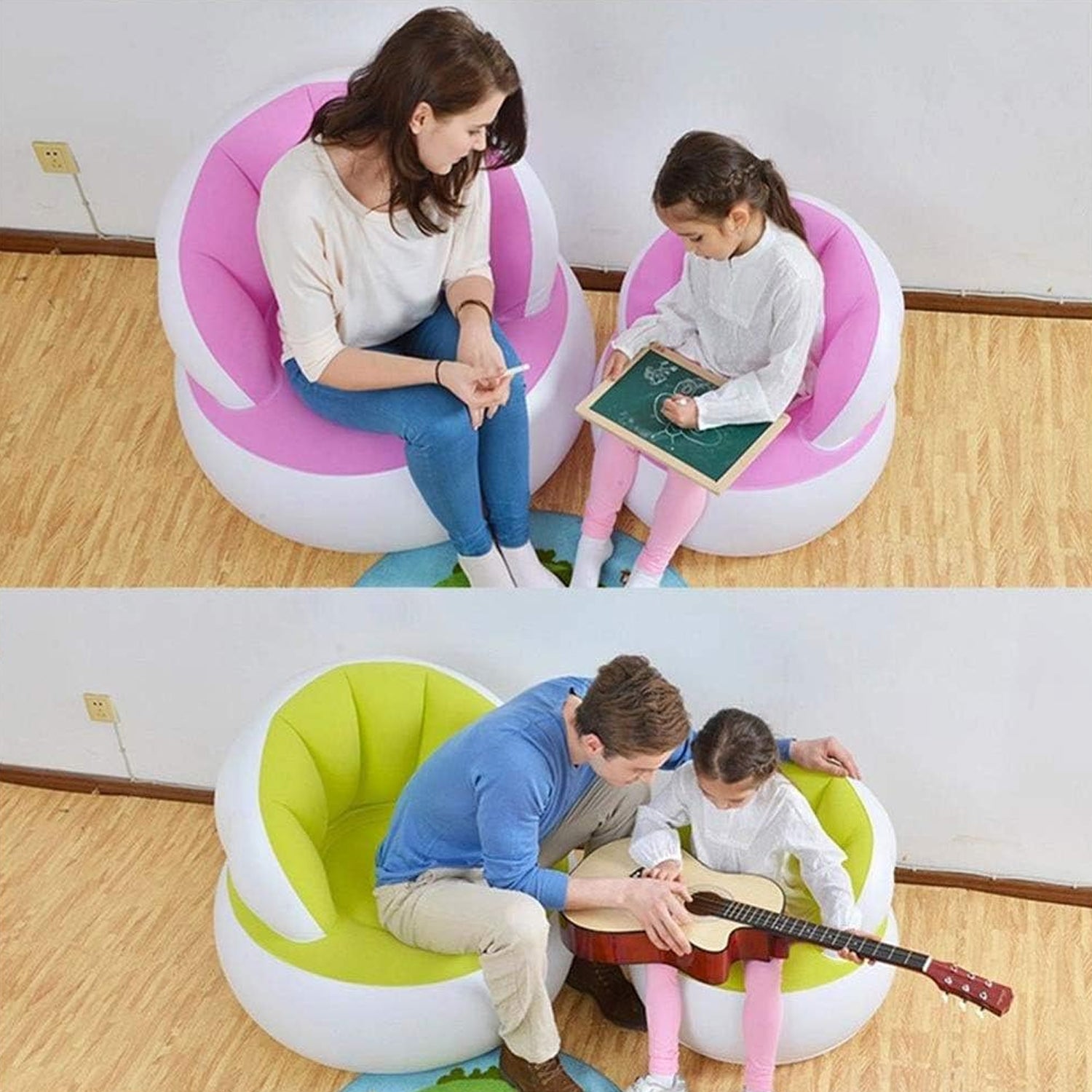 Foot air pump included for quick and easy inflation of the children's portable seat.