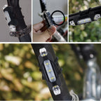 Close-up of bright LED front bicycle light showing powerful illumination.