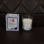 Hand holding a Blueberry Scented Candle, demonstrating its compact size.