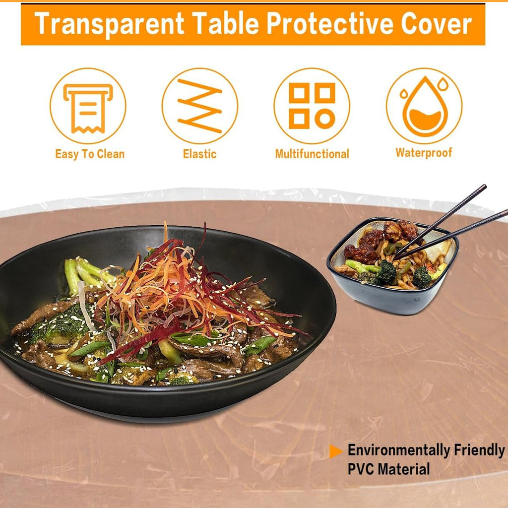 Overhead view of a round table perfectly covered by the clear elastic table cover.